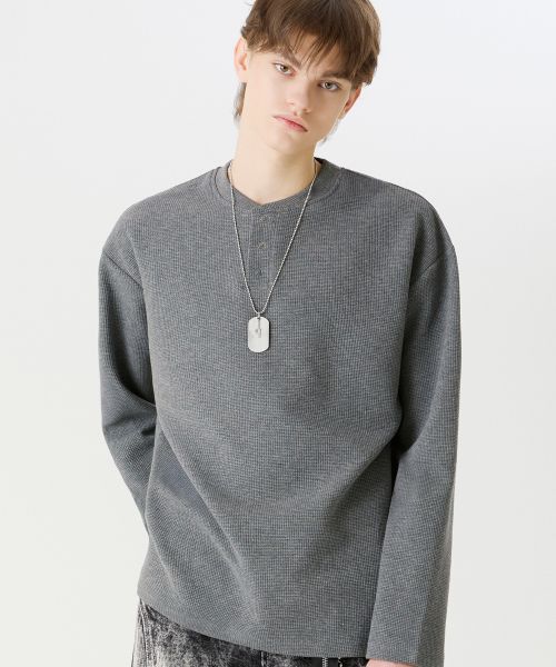 Order Trillion Waffle Knit Snap Henley Neck Long Sleeve [Gray] TRST19GR