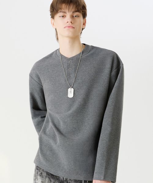 Lookbook Trillion Waffle Knit Snap Henley Neck Long Sleeve [Gray] TRST19GR