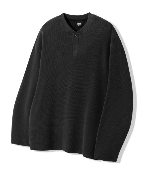 Trillion Waffle Ring Snap Henley Neck Long Sleeve - Pigment Charcoal TRST19CH