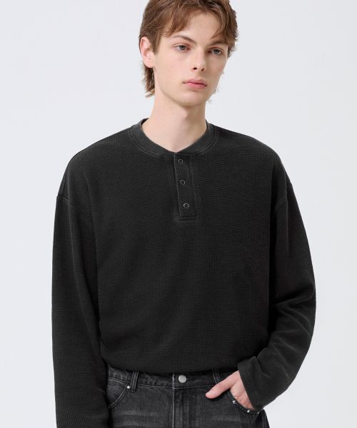 Order Trillion Waffle Ring Snap Henley Neck Long Sleeve - Pigment Charcoal TRST19CH