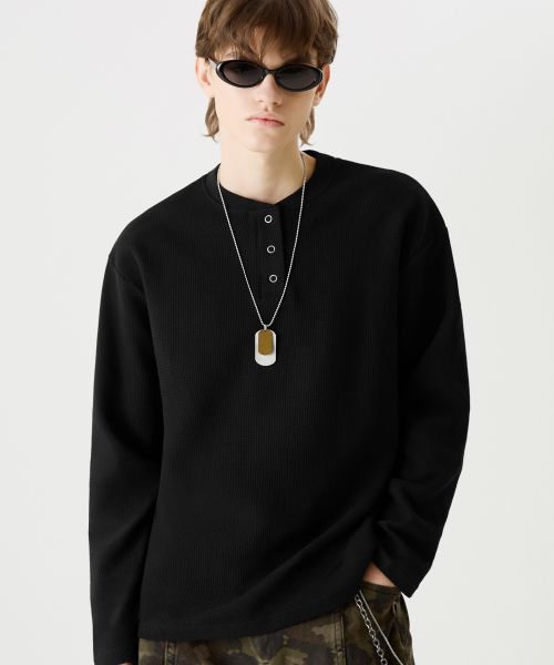 Order Trillion Waffle Ring Snap Henley Neck Long Sleeve [Black] TRST19BK