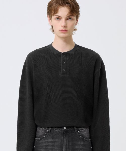 Lookbook Trillion Waffle Ring Snap Henley Neck Long Sleeve - Pigment Charcoal TRST19CH