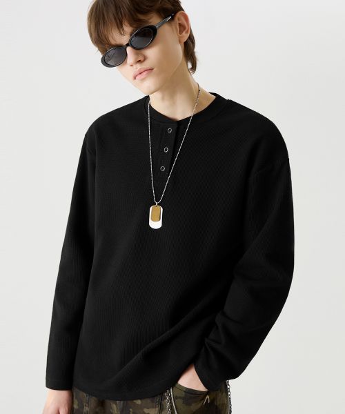 Lookbook Trillion Waffle Ring Snap Henley Neck Long Sleeve [Black] TRST19BK