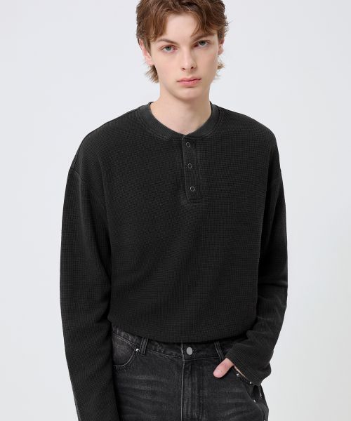 Shop Trillion Waffle Ring Snap Henley Neck Long Sleeve - Pigment Charcoal TRST19CH