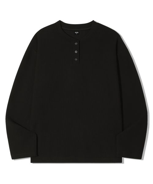 Shop Trillion Waffle Ring Snap Henley Neck Long Sleeve [Black] TRST19BK