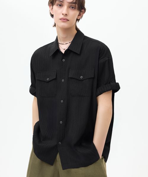 TRILLION Wrinkle Sheer Oversized Roll-Up Short Sleeve Shirt [Black] TRSSH35BK