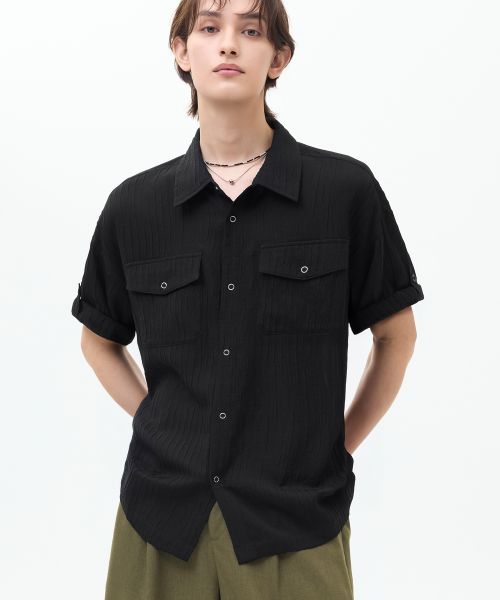 Lookbook TRILLION Wrinkle Sheer Oversized Roll-Up Short Sleeve Shirt [Black] TRSSH35BK
