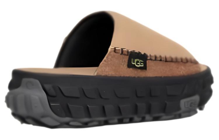 Lookbook UGG 皮革露趾套腳一字拖鞋 男女同款 棕黑色