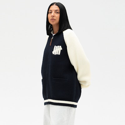 UNDEFEATED FW24 5-Strikes Logo Baseball Jacket Knit Sweater Unisex. UC43GCG01M Details for UNDEFEATED FW24 5-Strikes Logo Baseball Jacket Knit Sweater Unisex. UC43GCG01M