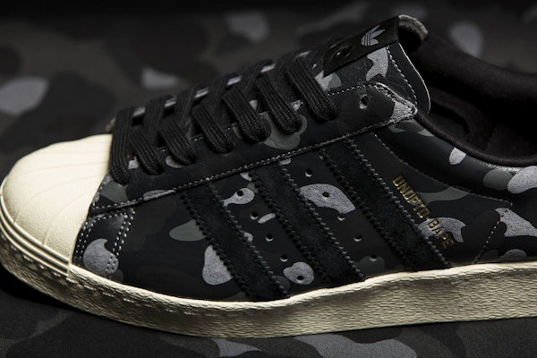 UNDEFEATED x A Bathing Ape x adidas Superstar 80s 'Black Camo' S74774 Details for UNDEFEATED x A Bathing Ape x adidas Superstar 80s 'Black Camo' S74774