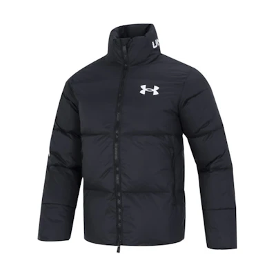 Under Armour Black Down Puffer Jacket with Logo Print and Stand Collar. 1375449-001