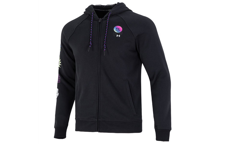 Under Armour Elevated Terry FZ Hoodie Smiley Logo Jacket Black Mens 1373839-001