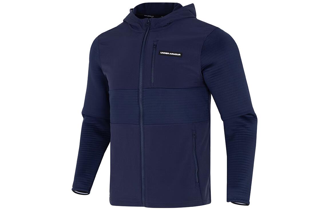 Under Armour Navy Logo Print Hooded Running Jacket with Multiple Pockets 1379722-410