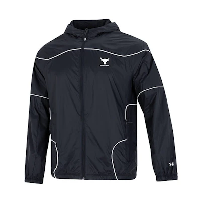 Under Armour Project Rock Brahma Jacket Black Hooded Woven Logo Jacket 1373580-001