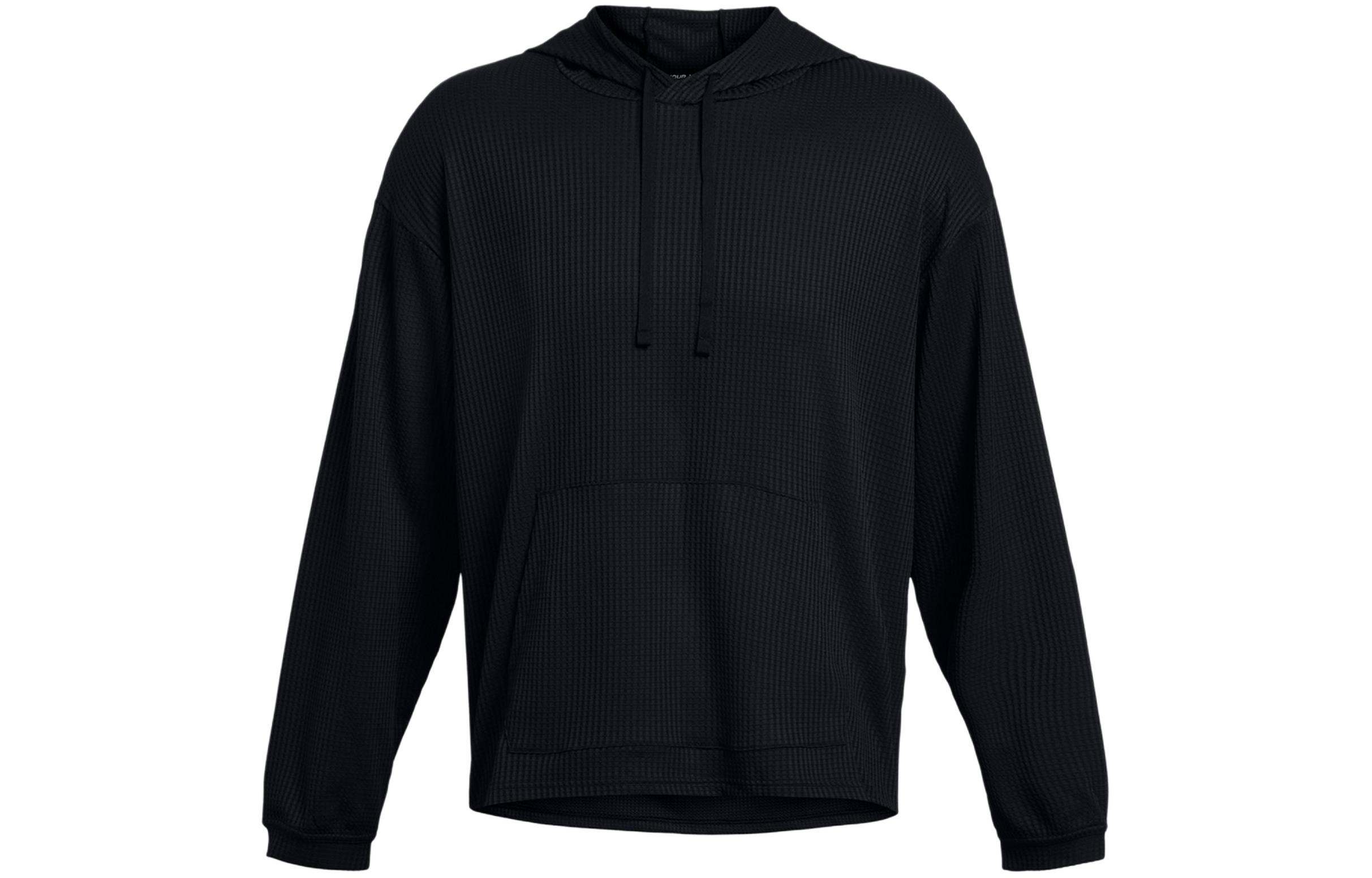 Under Armour Rival Waffle Hoodie Black Pullover Sweatshirt Casual Fit 1383108-001