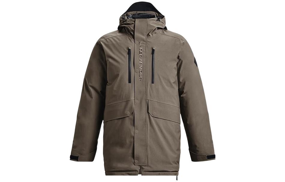 Under Armour UA  Brown Long Down Jacket with Solid Color Embroidery Letter Zip Hoodie 1375450-366