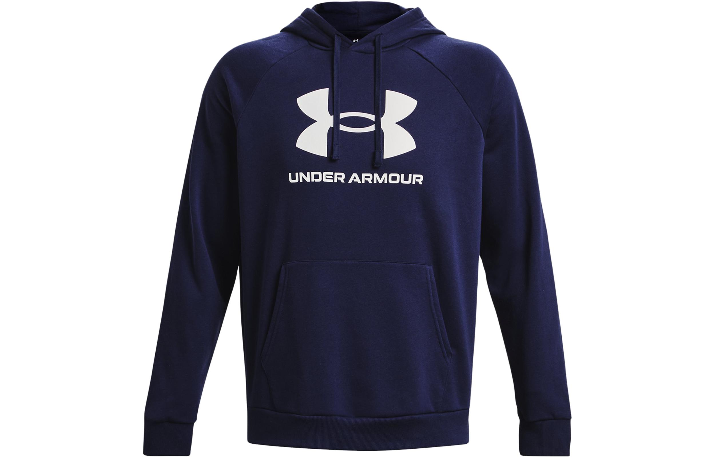 Under Armour UA Rival Fleece Letter Print Raglan Hoodie Navy Blue Mens 1379758-410