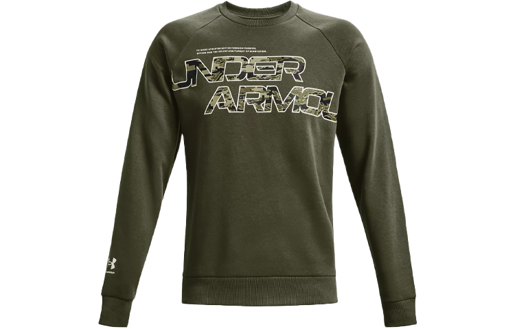 Under Armour UA Rival Script Camo Logo Fleece Crewneck Sweatshirt Winter Military Green 1366306-390