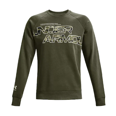 Under Armour UA Rival Script Camo Logo Fleece Crewneck Sweatshirt Winter Military Green 1366306-390