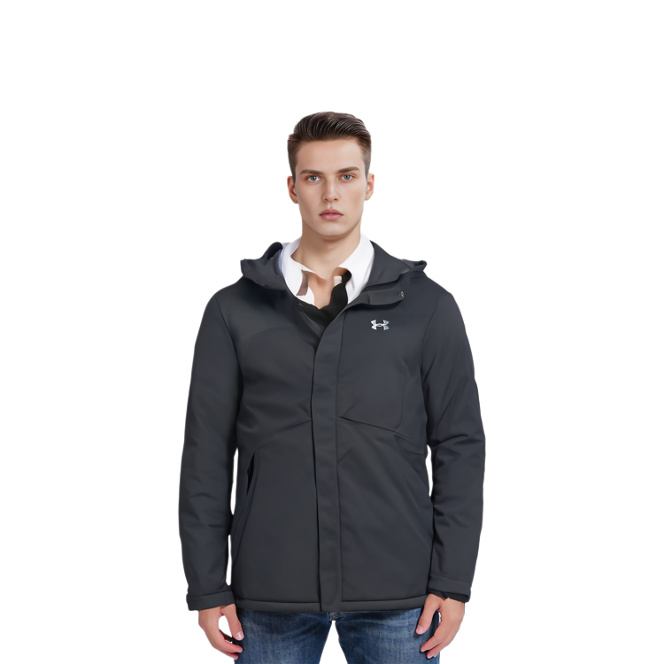 Sizing Under Armour UA Storm Powerline Jaket Hoodie Pria Insulated Logo Hitam Loose Fit 1280813-001