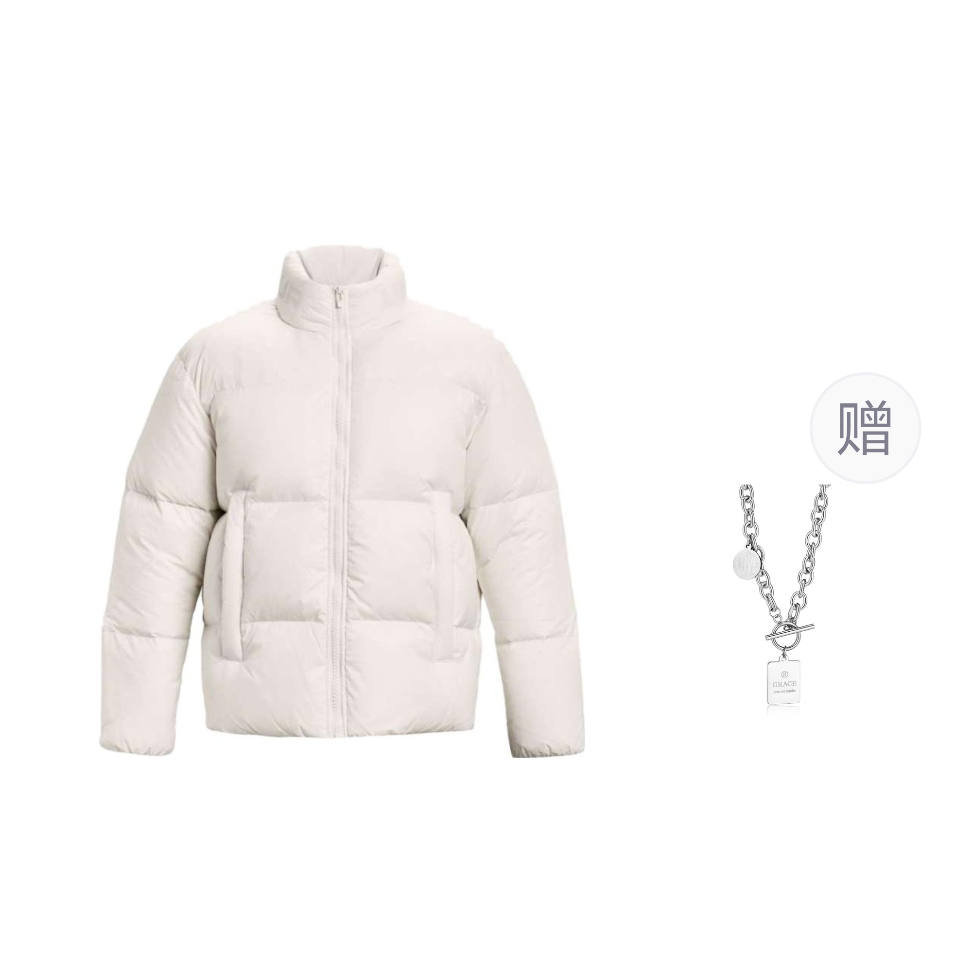 Under Armour White Unisex Down Jacket with Logo - Warm, Comfortable, Casual + Necklace. 1378828-112（）
