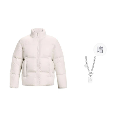 Under Armour White Unisex Down Jacket with Logo - Warm, Comfortable, Casual + Necklace. 1378828-112()