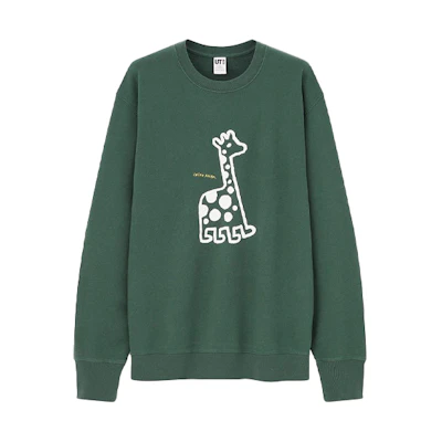 UNIQLO Giraffe Cartoon Print Green Pullover Sweatshirt Unisex Couple Wear 437281-55