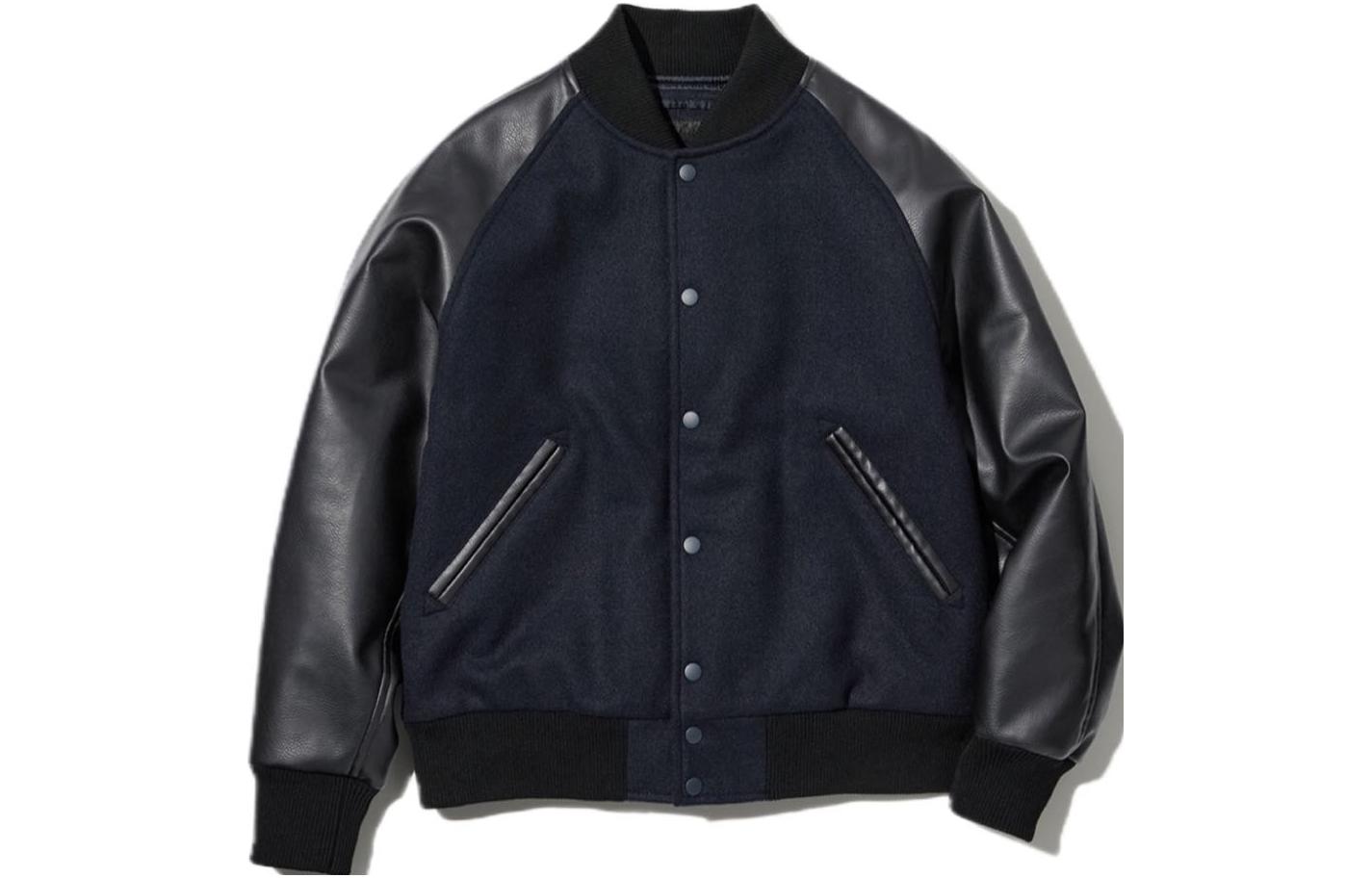 UNIQLO Navy Blue Baseball-Inspired Leather Sleeve Ribbed Collar Jacket Unisex 453598-69