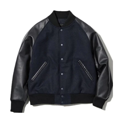 UNIQLO Navy Blue Baseball-Inspired Leather Sleeve Ribbed Collar Jacket Unisex 453598-69
