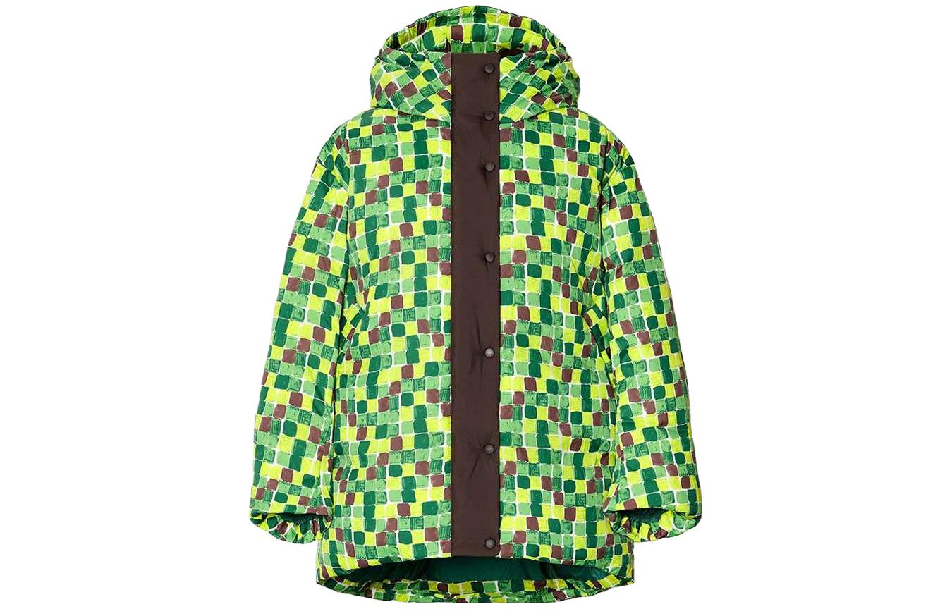 UNIQLO Oil Painting Plaid Hooded Zip-Up Down Jacket Unisex Green. 458847-53
