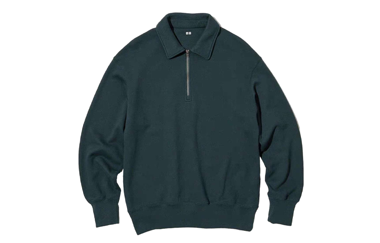 UNIQLO Solid Color Polo Collar Sweatshirt Dark Green Long Sleeve 456952-59