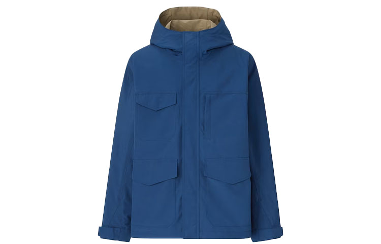 UNIQLO Solid Navy Hooded Waterproof Breathable Jacket Unisex with Multiple Pockets 444553-69