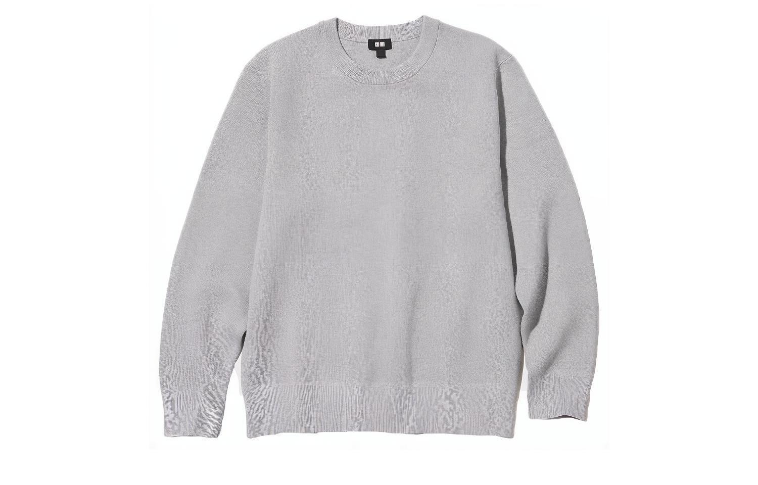 UNIQLO Unisex Gray Solid Ribbed Knit Crewneck Sweatshirt Casual Fit 453754-03