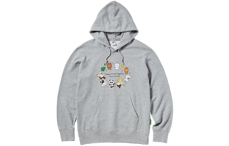 UNIQLO LINE FRIENDS Hoodie Cartoon Print Unisex Pullover Grey 446651-03