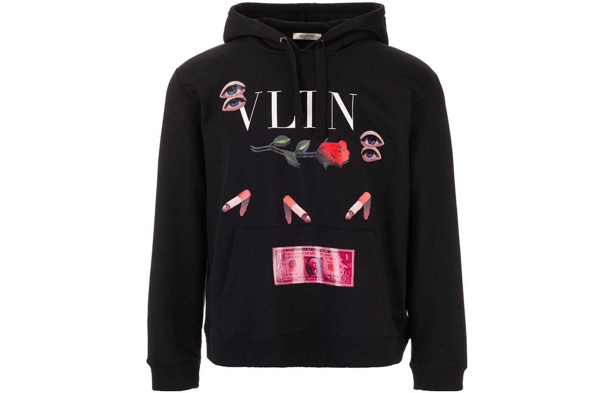 Valentino  Black Floral Logo Print Hoodie. UV3MF15F-6KS-0NO