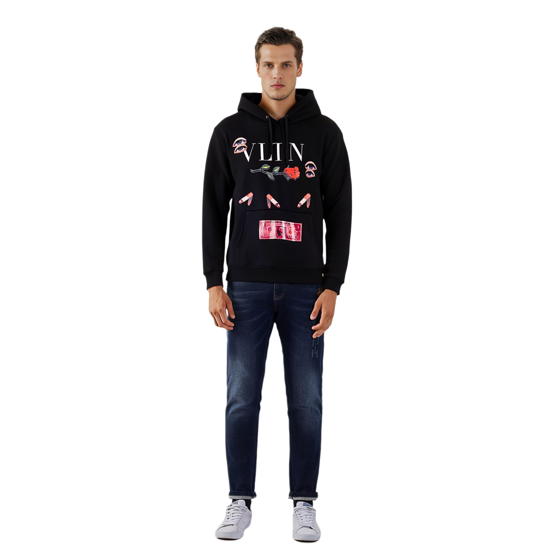 Shop Valentino 黑色花卉標誌印花連帽衫 UV3MF15F-6KS-0NO