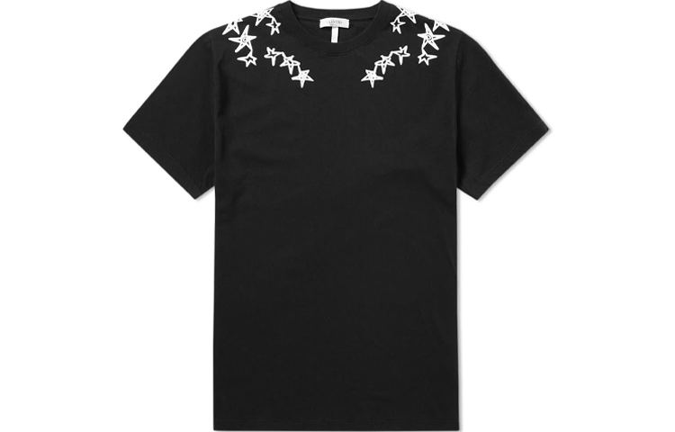 Order Valentino Kaos Hitam Bintang Crewneck Lengan Pendek. PV3MG10G46M0NO