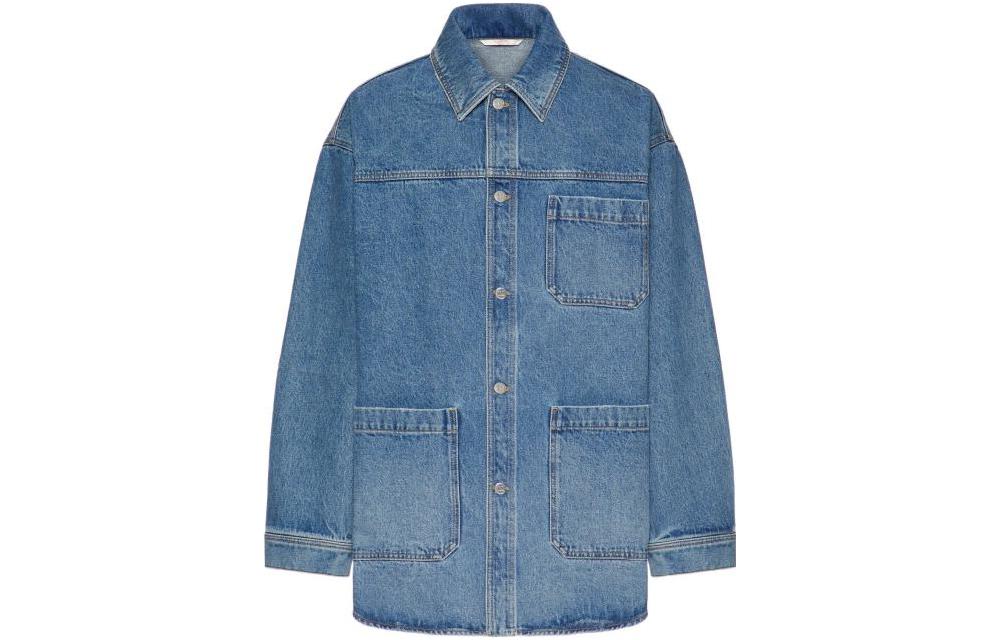 Order Valentino Jaket Denim Biru Cetakan Huruf dengan Kolar Tajam dan Lengan Panjang. 1V3DB01R8K1558