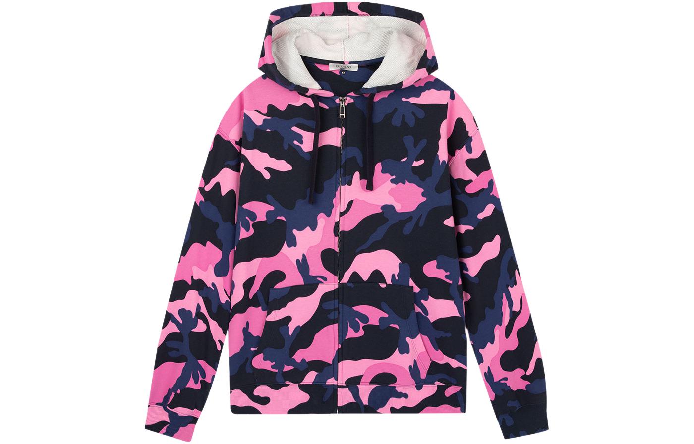 Order Valentino Hoodie Zip-Up Pink Camouflage dengan Drawstring. TV3MF06H5JC-13E