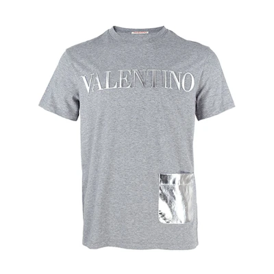 Valentino Grey Logo Embossed Pocket Crewneck T-Shirt. XV3MG10V84NJ94