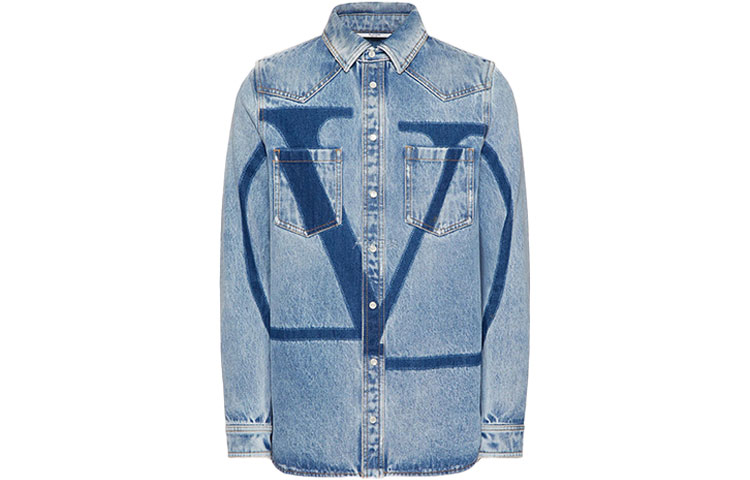 Order Valentino 标志水洗牛仔长袖衬衫 - 蓝色 XV3DB01I847558