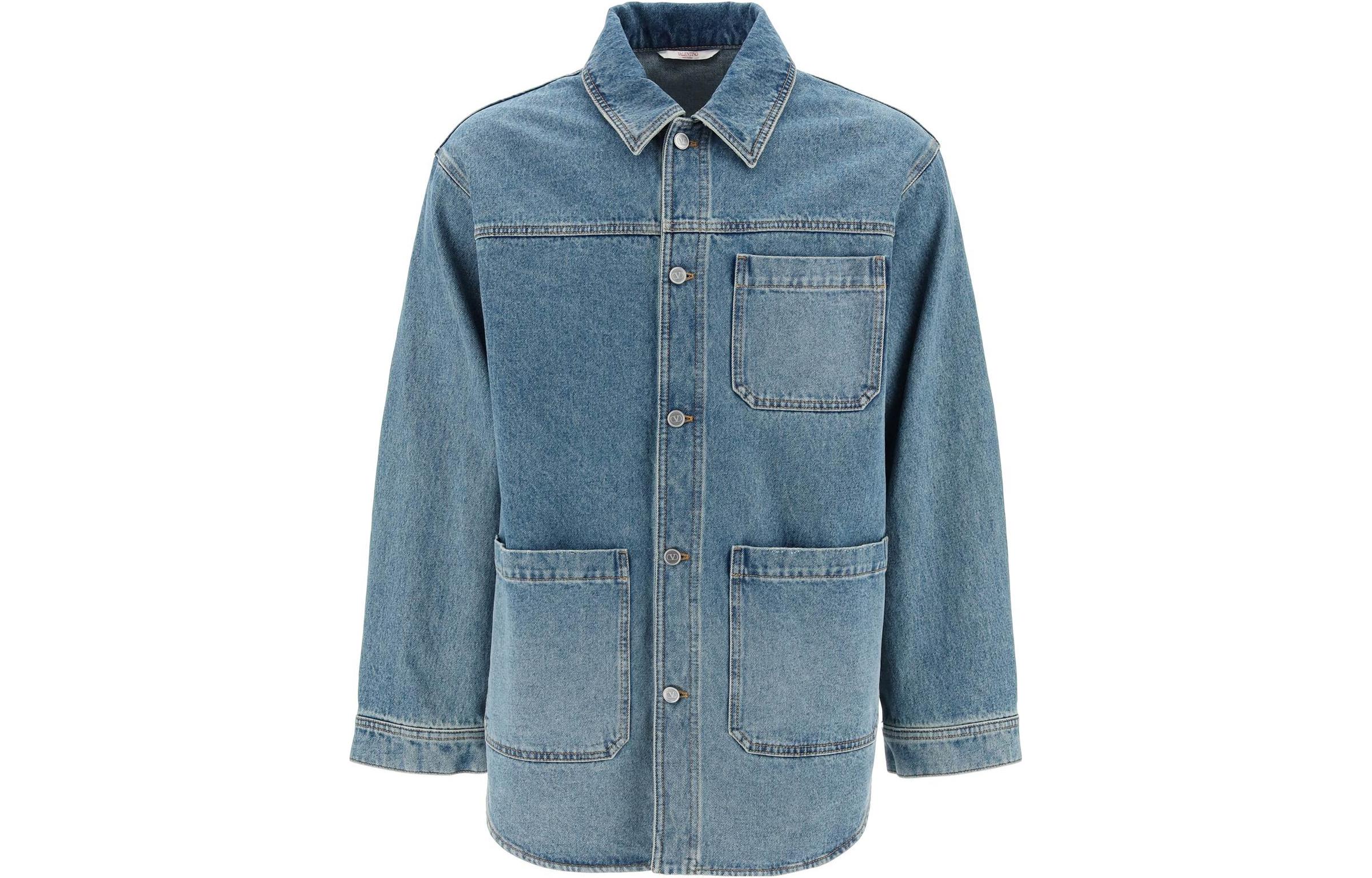 Order Valentino Jaket Denim Potongan Longgar Lengan Panjang Biru Berbutang Depan 1V3DB01R8K1-BBW