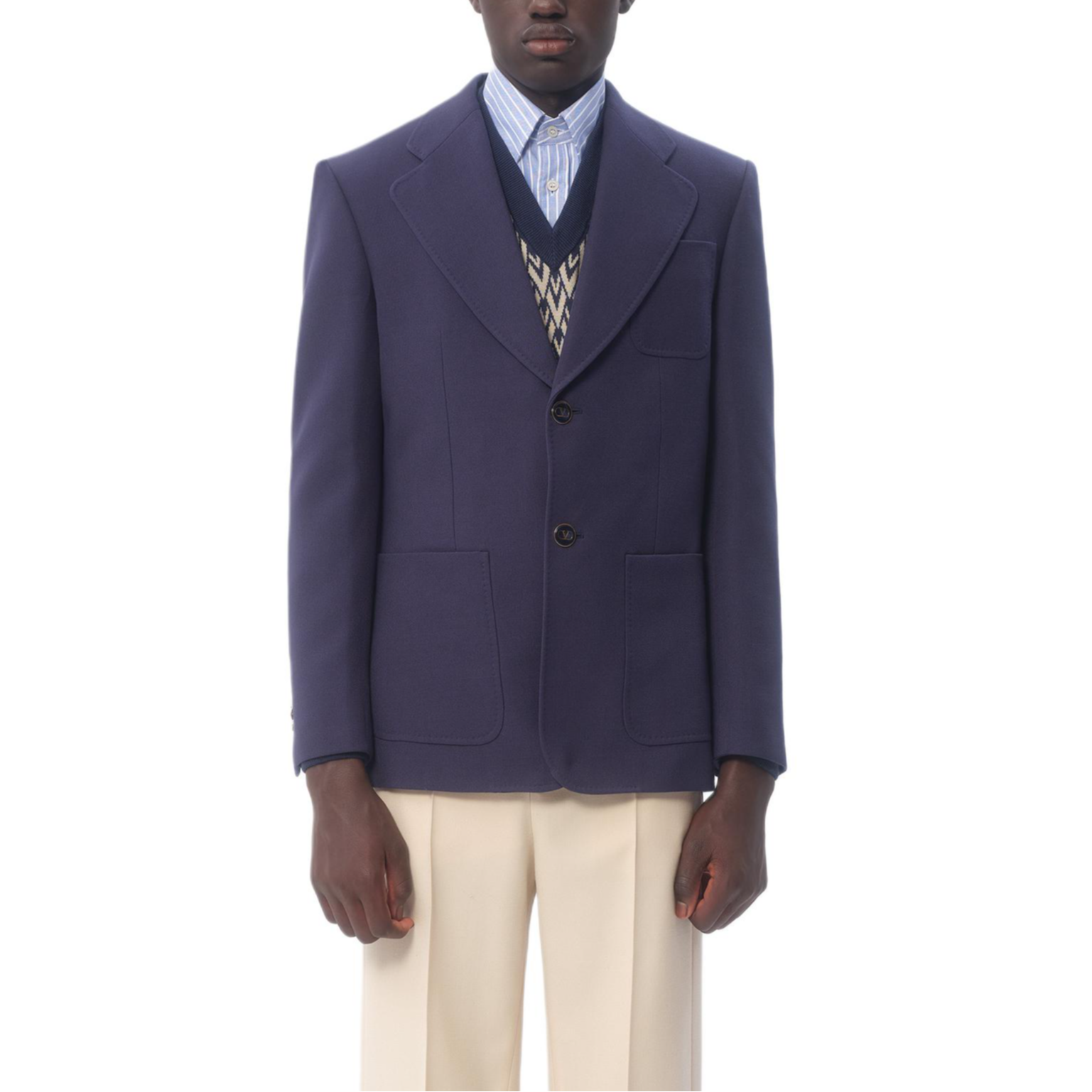 Lookbook ヴァレンティノ インディゴブルー ソリッドシングルブレストブレザージャケット FW24 6V3CEG959EBD51