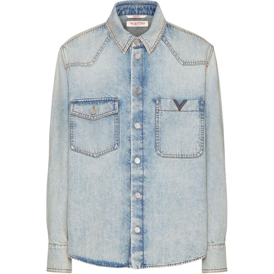Valentino  Washed Blue Long Sleeve Shirt with Pockets and Button Collar. 4V3DB02R9YQ508