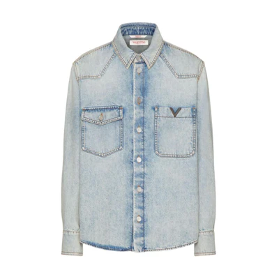 Valentino Washed Blue Long Sleeve Shirt with Pockets and Button Collar. 4V3DB02R9YQ508