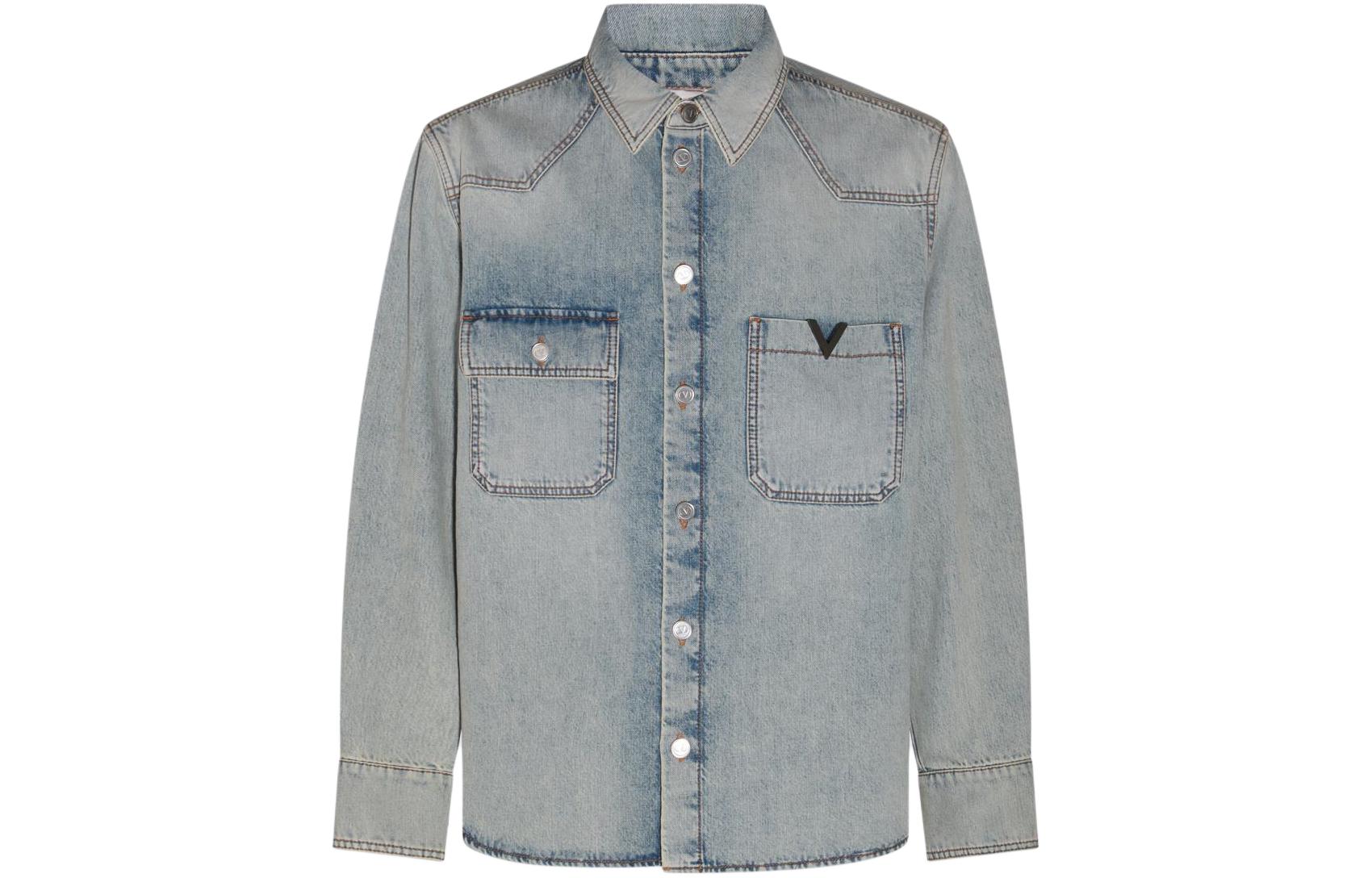 Order Valentino Baju Lengan Panjang Biru Pudar dengan Poket dan Kolar Berkancing. 4V3DB02R9YQ508