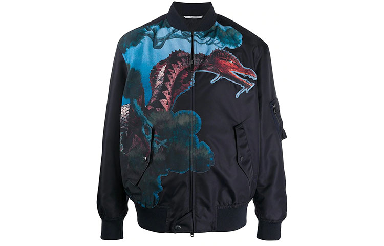 Order Jaket Zip Lelaki Valentino Hitam dengan Kolar Baseball & Corak Haiwan TV0CIF156AA33E