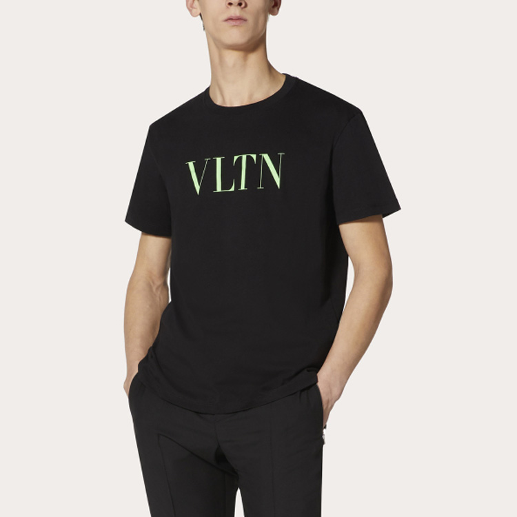 Shop Valentino 黑色螢光綠圖案棉質圓領T恤 UV3MG10V3LEIN4