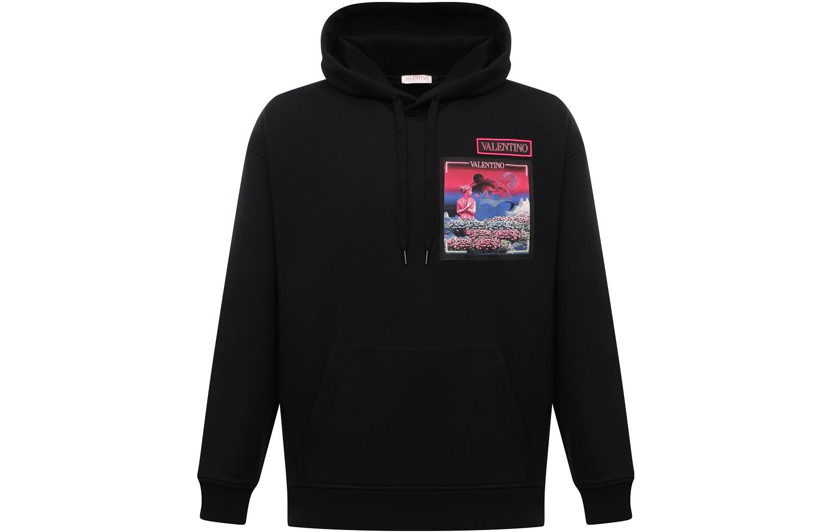 Valentino Black Graphic Printed Pullover Hoodie with Drawstring XV3MF21M862BBS