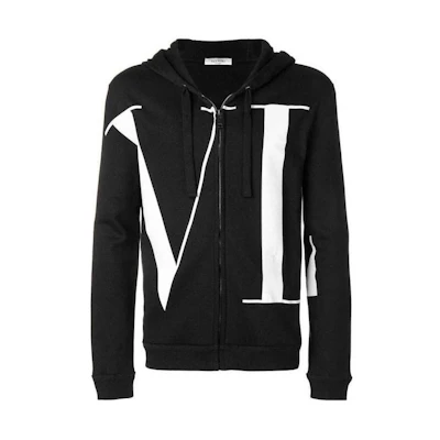 Valentino Black Letter Print Zip-Up Hoodie Jacket QV0MF12L5920NO